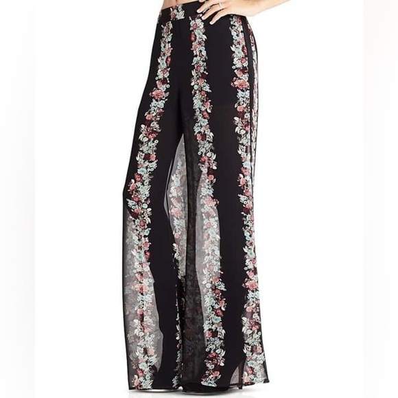 BCBGeneration Pants - BCBGeneration Black Floral Wide Leg Pants Size L Boho Palazzo High Waist NWT $98